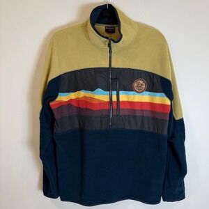 LOCALE Fleece Pullover Sweatshirt 1/4 Zip Mountain Patch Khaki Navy Large
